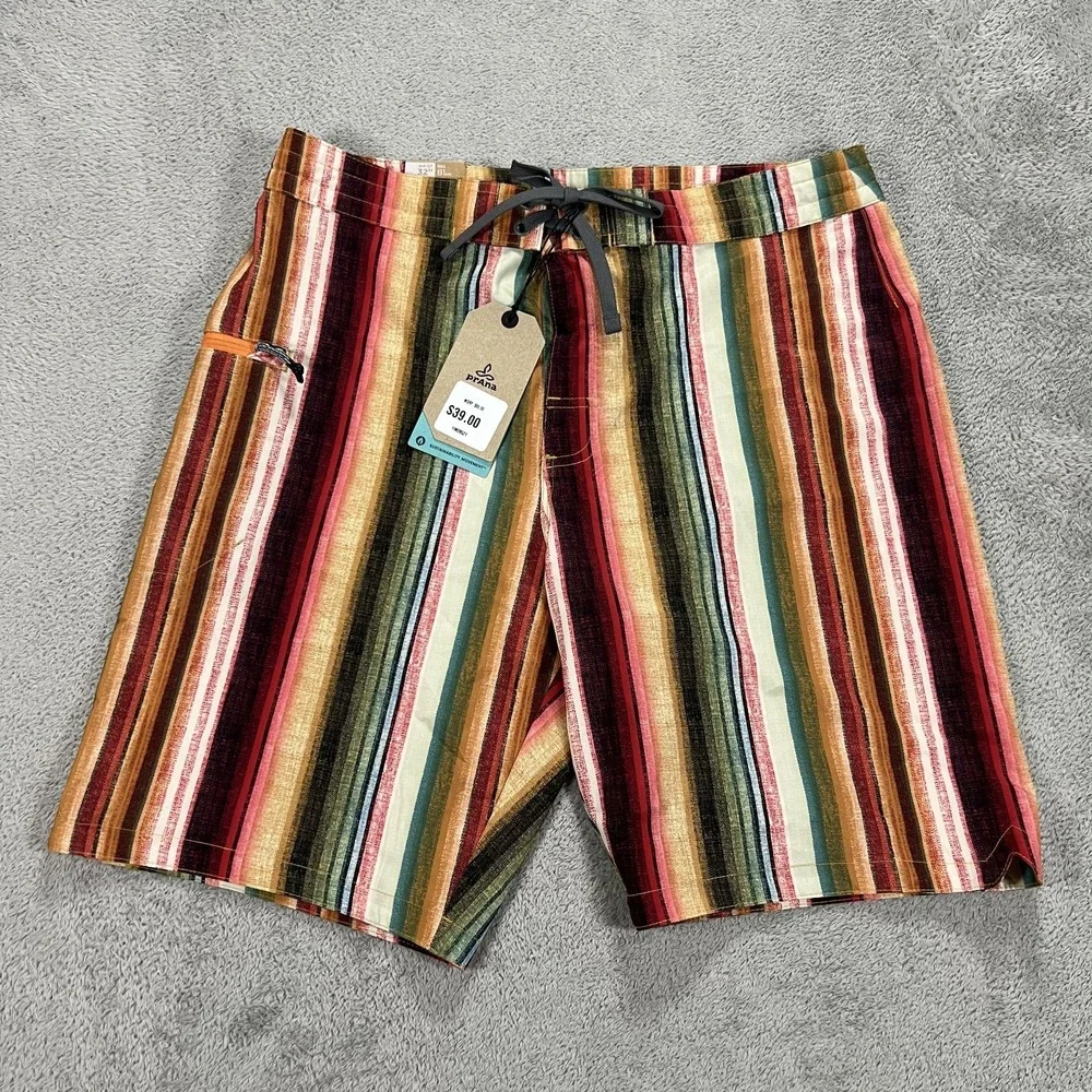 Prana Board Shorts Mens 32 Fenton Baja Stripe Swim Pocket Beach Surfing New